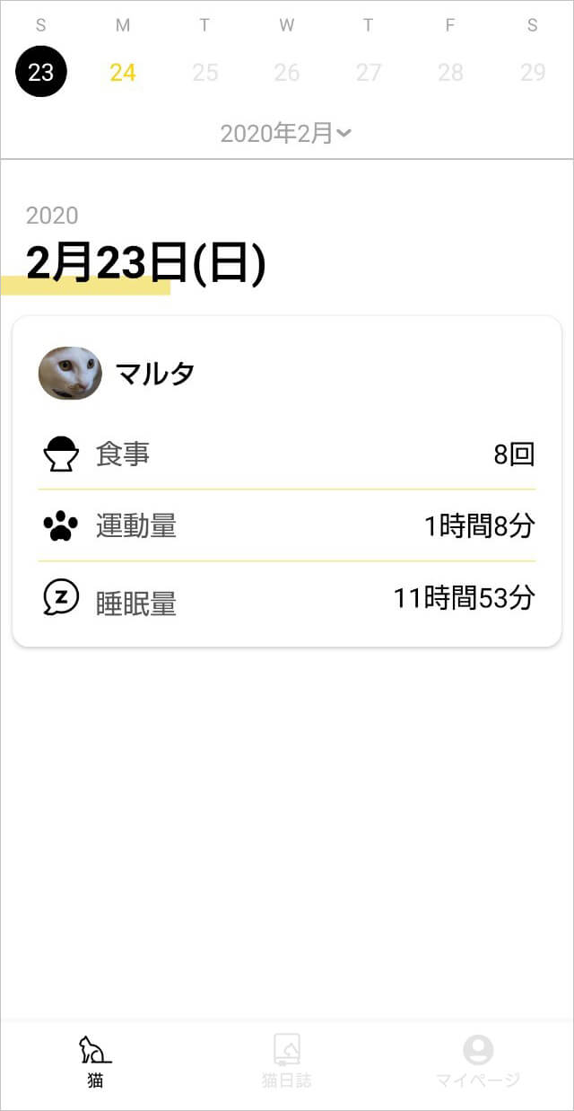 Catlogのある生活を体験!猫様の行動を見守ってみた 実際のCatlogアプリ画面 「猫日誌」で数字データを確認できる